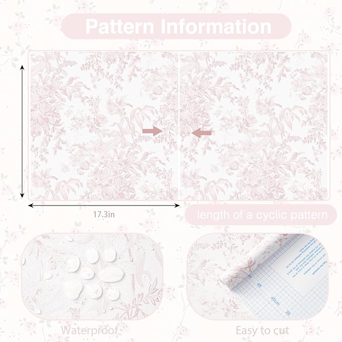 Heroad Pink Peel and Stick Wallpaper Toile Floral Contact Paper Boho Leaf Removable Wall Paper Self Adhesive Stick On Wallpaper for Girls Bedroom Bathroom Renter Friendly Vinyl Roll 17.3''X78.7'' - Image 3