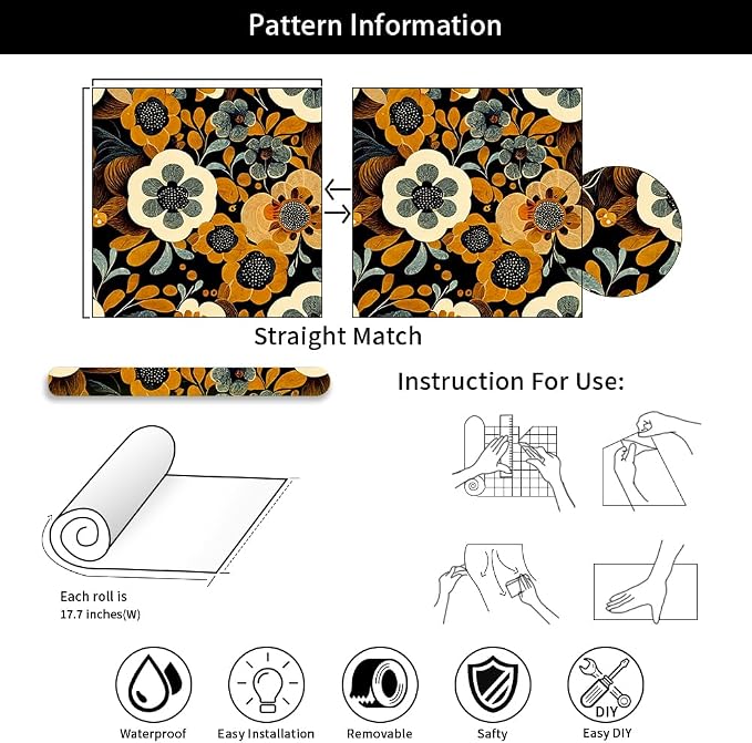 MuralPeel Boho Vintage Floral Orange Yellow Brown Flowers in Black Peel and Stick Wallpaper Self Adhesive Removable Easy Peel Off Contact Paper Stick on Wall Paper for Bedroom Cabinet Renter - Image 7