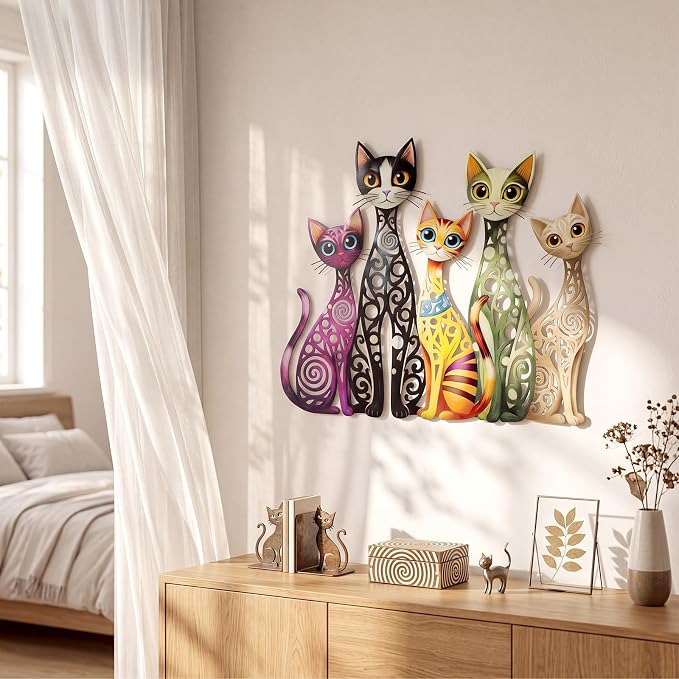 Wesiti Metal Cat Wall Decor Art 12x10 Inches Colorful Mid Century | Iron Wall Sculptures with Hollow Carved Design, For Cats Lovers, Living Room Bedroom Kitchen Office Decor, Retro Home Art - Image 4