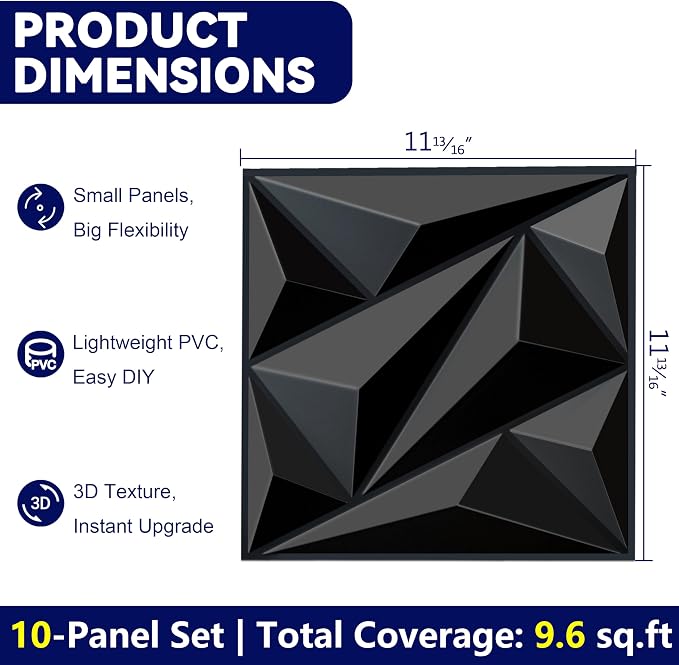 3D Wall Panels Black PVC Wall Panels for Interior Decor 12"x12" | 3D Black Wall Panels for Living Room, Bedroom, Gaming Room Decor, Lobby Office Accent Walls, 10 Pack Covers 10.Sq.Ft. - Image 3