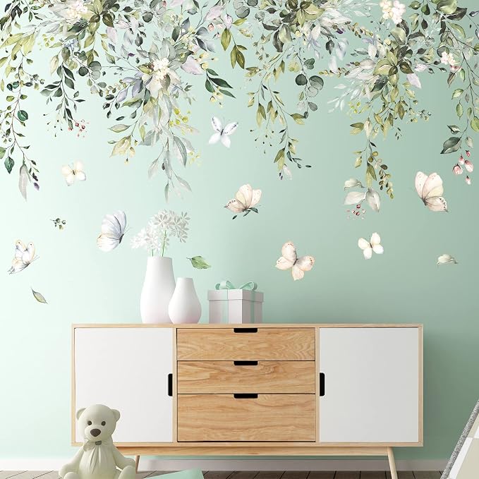 Hanging Green Leaves Wall Decals Elegant Plants Wall Stickers DIY Vinyl Peel and Stick Butterfly and Leaf Wall Art Murals for Kids Girls Bedroom Living Room Offices Nursery Closet Ceiling Vertex Line (B) - Image 4