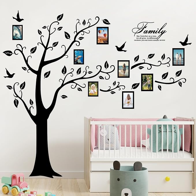 Large Family Photo Tree Wall Sticker 3D Peel and Stick Vinyl Photo Frame Tree Wall Decals Removable Quotes Leaf and Birds Wall Decor for Home Kids Bedroom Living Room Classroom Nursery (Right, Black) by AMAMAONM
