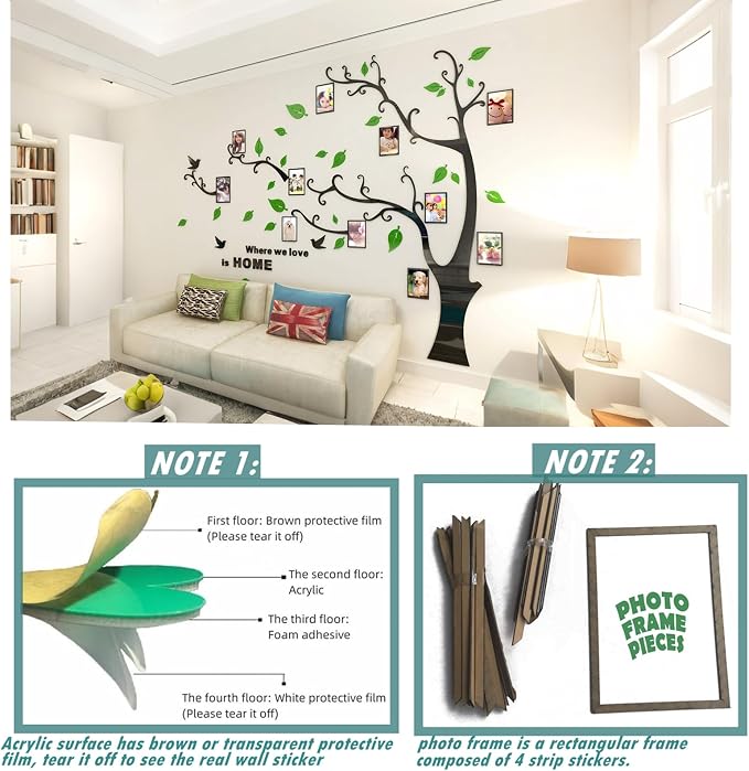 3D Tree Wall Stickers - DIY Photo Frame Tree Wall Decal Family Photo Frame Sticker Murals Wall Decor Living Room Bedroom TV Background Home Decorations (M:83 * 59in,Green Left) - Image 4