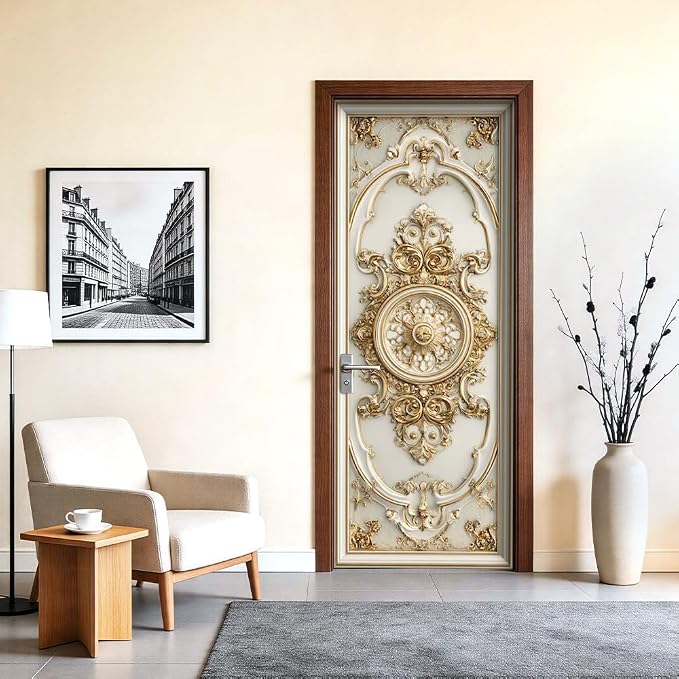 Baroque Door Mural, Gold Ornamental Medallion Door Cover | Waterproof PVC, 30.3" W x 78.7" L; gold baroque design for entryway, bedroom, living room or office doors. - Image 2