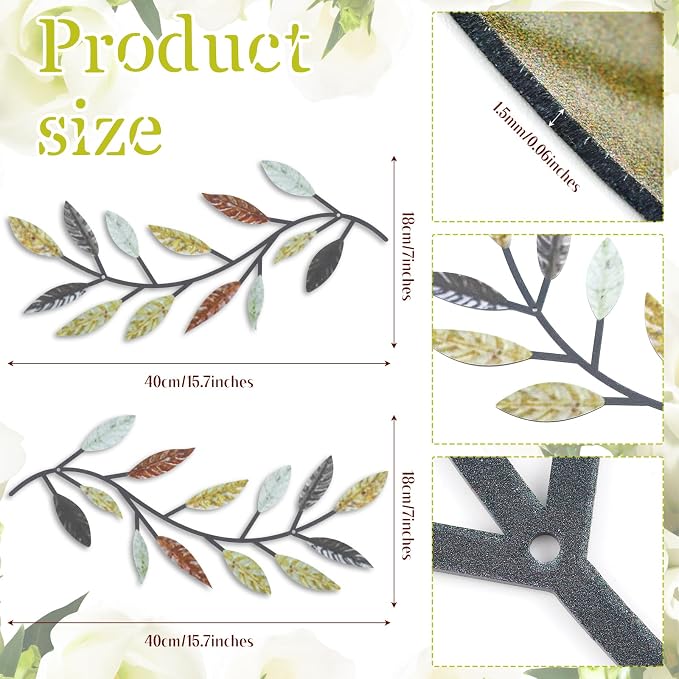 Zhengmy 2 Pcs Metal Leaf Wall Art Vine Branch Decor,Multi Color | Olive Branch Metal Decor for Living Room Hallway, Symmetrical Leaf Pair for Doorway Entryway, Lightweight Hanging Art Design - Image 2