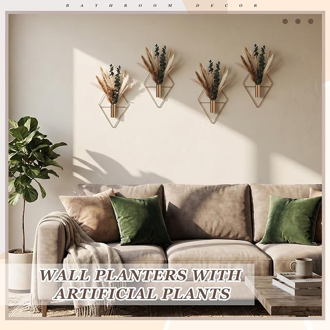 Jexine 8 Pcs Hanging Artificial Planters Wall Decor, Antique Copper, Pampas | Bathroom Wall Decor, Geometric Metal Vase, Indoor Plants, Living Room, Home Office, Entryway, Boho Accent, Wall Mounted - Image 4