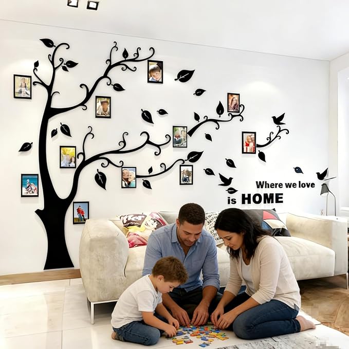 3D Tree Wall Stickers - DIY Photo Frame Tree Wall Decal Family Photo Frame Sticker Murals Wall Decor Living Room Bedroom TV Background Home Decorations (S:54 * 39in,Black Right) - Image 2