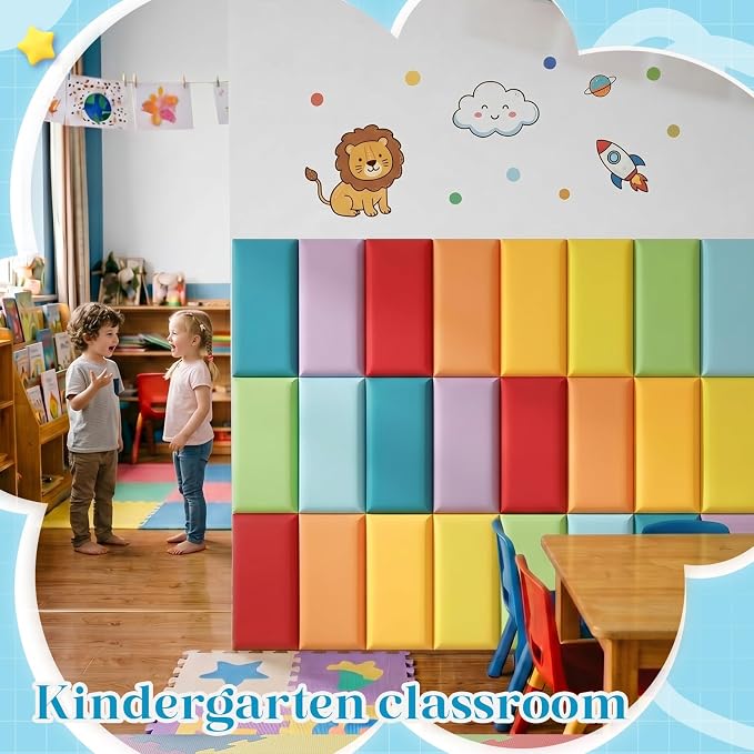 Hahafelt 48 Pack Wall Padding for Playroom Peel and Stick Headboard 15.75" x 7.87" x 1.18" 3D Anti Collision Upholstered Wall Panels Self Adhesive Headboard Panel for Protection (Rainbow Colors) - Image 3