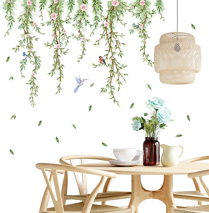 Hanging Vine Wall Decals with Birds Green Leaves Flowers | Removable, Peel and Stick, Forest Wall Art, For Bedroom Living Room Nursery Bathroom Kitchen - Image 3