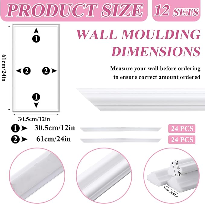 Colingmill Accent Wall Molding Kit Premade Panel,12set,12x24in | Wainscoting Panels, Peel and Stick, Wall Moulding, 3D, White, Pre Cut Picture Frame Trim, for Walls Home Decoration - Image 2