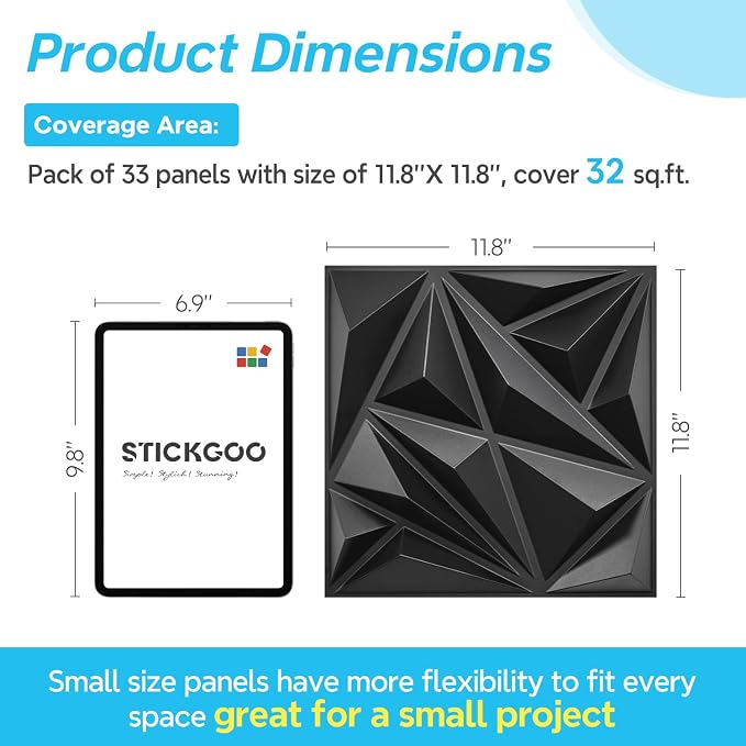 STICKGOO Black 3D Wall Panels, 12''x12'' Diamond, 33 Pack | Accent Wall Panels for Interior Wall Decor, Living Room, Bedroom, TV Background, Office, Cover 32 Sq.Ft - Image 3