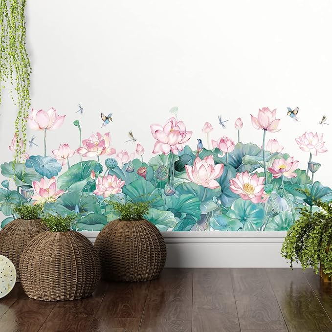 Watercolor Pink Lotus Wall Decals Chinese Style Water Lilies Wall Stickers Vinyl Removable Birds and Dragonflies Art Murals for Living Room Bedroom Office Girls Room Playroom Bathroom Wall Decoration - Image 7