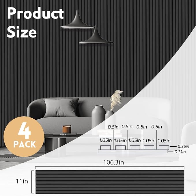 4 Pack Wood Panels for Wall, 106.3" × 11" Wood Slat Acoustic Panels for Wall, Soundproof Panels, 3D Fluted Panels for Interior Wall Decor (Matte Black) - Image 2