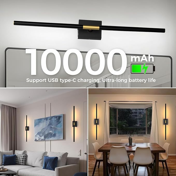 iThird Battery Operated Wall Sconces Set of 2, 10000mAh, Black | Detachable rechargeable battery, 31.5" wireless lighting for TV wall mirror bedroom or living room decor - Image 4