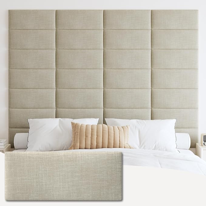 IFNOW Wall Mounted Headboard, Peel and Stick Panels, Beige, Queen | 3D Soundproof Acoustic Padding, Reusable and Removable, Tufted fabric Bed Headboard, for bedroom (9 Panels, 10" x 24") by IFNOW