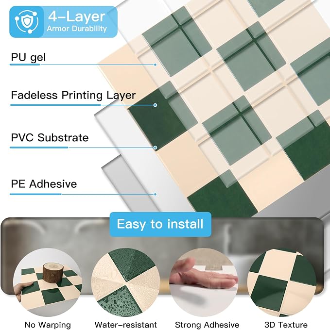 Art3d Grid Tile Peel and Stick Backsplash, 10-Pack, Dark-Green & Warm White | 12 x 12 Inch, Enhanced Thickness, Superior Adhesion, Moisture Resistant, Long-Lasting, Minimalist Look, for Kitchen Decor - Image 6