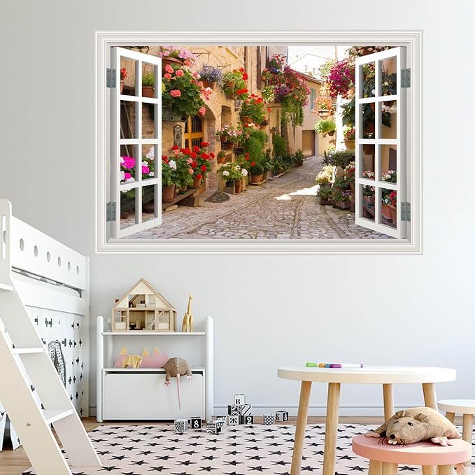 Fake Window Wall Decals Spring Italy Rose Alley Flower Wall Art Sticker | ｜Faux Window Natural Scenery Landscape Mural ｜ Stick and Peel Wall Decal｜Room Bedroom Office Decor｜Large Murals 66"x48" - Image 7