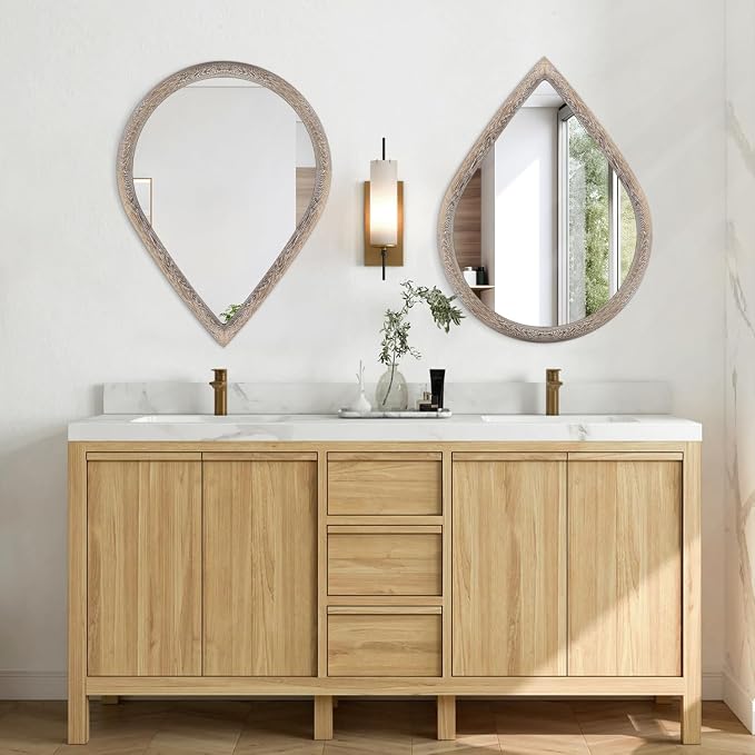 Rustic Farmhouse Wall Mounted Mirror Solid Wood Frame Teardrop Mirrors Wall Decorative Mirror for Bathroom Entryway Living Room Home Decor - Image 6