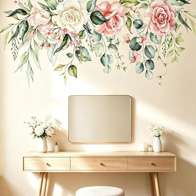 Flowers Leaves Wall Decals Peel and Stick, Large Hanging Floral Vinyl Wall Stickers, Removable Vine Home Decor Art for Bedroom Living Room Classroom Office by VePret