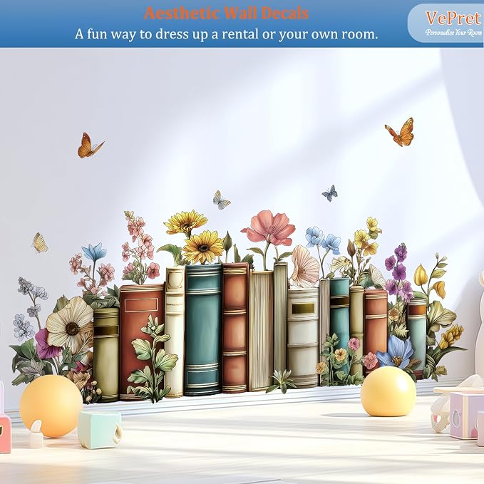 Vintage Books Floral Flower Butterfly Removable Wall Decals Decor Art | Vintage botanical butterflies vinyl peel and stick removable wall stickers & murals for bedroom lLiving room library office - Image 6