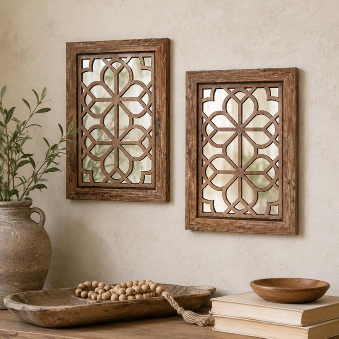 Set of 2 11x15 Inch Rectangular Shatterproof Maroon Decorative Wall Mirrors, Boho Farmhouse Rustic Vintage Accent Mirrors for Living Room Bedroom Entryway & Home Decor by HMANGE