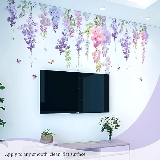 Purple Flowers Wall Decals Peel and Stick, Large Hanging Floral Vinyl Wall Stickers, Removable Vine Home Decor Art for Bedroom Living Room Classroom Office - Image 5