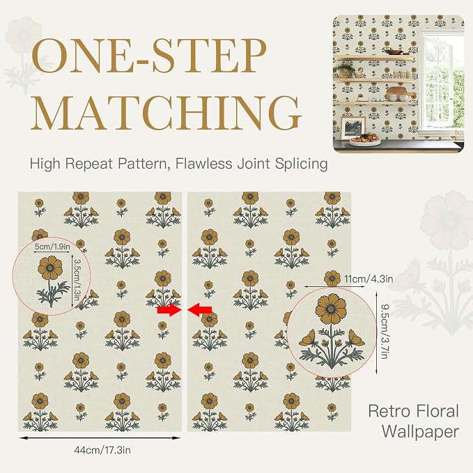Vintage Floral Wallpaper Floral Peel and Stick Wallpaper for Bathroom 393"×17.3" Daisy Wall Paper Yellow and Green Cottagecore Contact Paper for Nursery Kitchen Self-Adhesive Vinyl Waterproof - Image 2