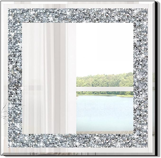 20" Square Crushed Diamond Silver Glass Mirror for Wall Decor by QMDECOR