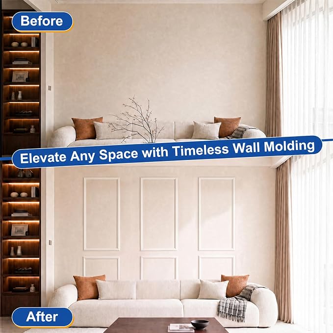 COUKIU Peel and Stick Wall Molding Kit, 6-Frame Pre-Cut Wainscoting Panels, Ready-to-Assemble Self Adhesive Wall Moulding Trim, Paintable Accent Frames for Interior Wall Decor (54" x 24") - Image 2