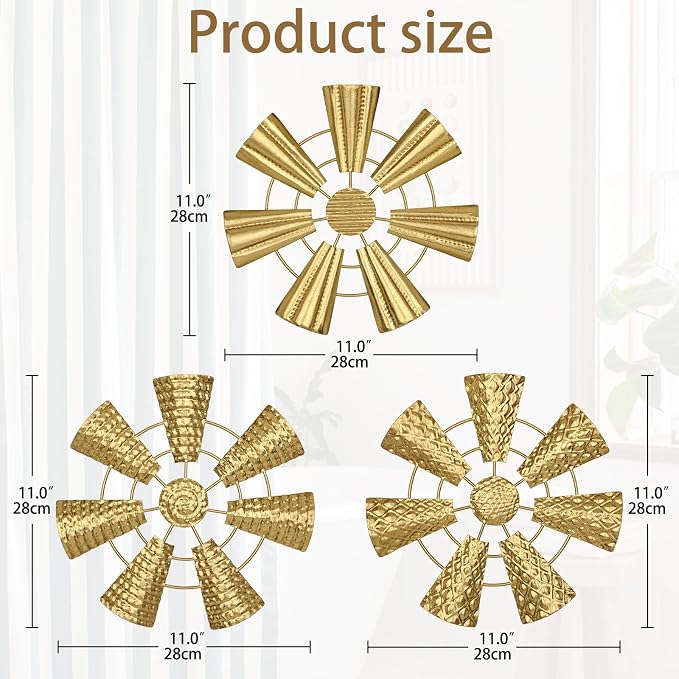 Briful 12" Wall Décor Pack of 3 Metal Gold Windmill Radial Plate Wall Art Modern Accent Hanging Wall Decorations For Home Office Living Room Wall Sculptures - Image 2
