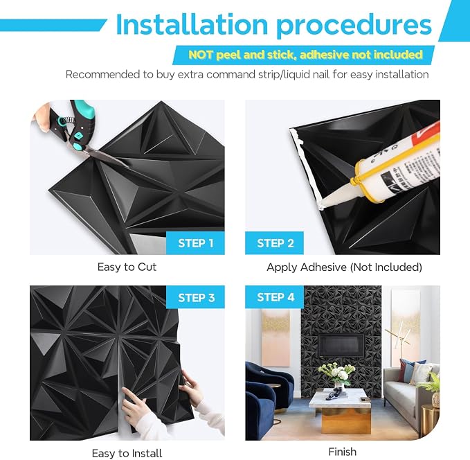 STICKGOO Black 3D Wall Panels, 12''x12'' Diamond, 33 Pack | Accent Wall Panels for Interior Wall Decor, Living Room, Bedroom, TV Background, Office, Cover 32 Sq.Ft - Image 7