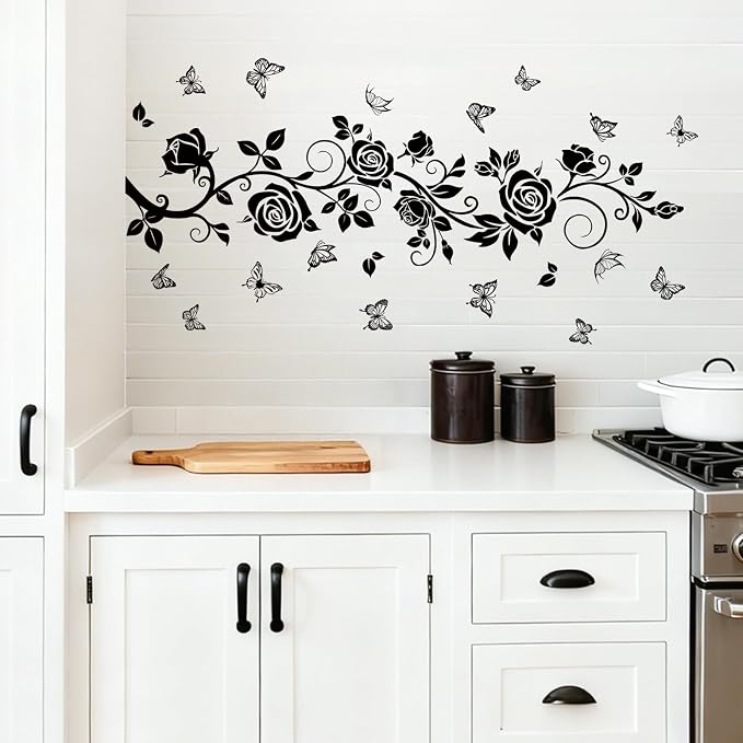 Flower Vine Decals Flying Butterfly Black Floral Wall Stickers Removable Wall Art Decor for Living Room Bedroom - Image 2