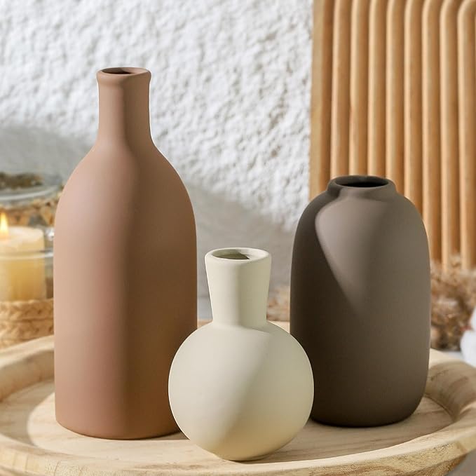 Ceramic Vases Set of 3, Modern Neutral Rustic Farmhouse Home Decor Pottery Pampas Decoration for Living Room, Table, Bathroom, Bedroom, Entryway - Brown by ooit