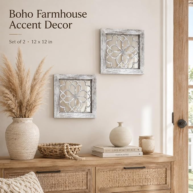 Boho Wall Mirror Decor, Set of 2 Rustic Farmhouse Accent Mirrors 12x12 Inch, Square Acrylic Shatterproof Vintage Style Mirror for Wall, Small Decorative Mirrors for Living Room, Bedroom, Grey - Image 2