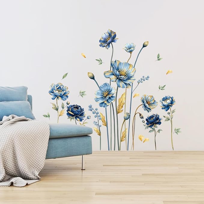 LHIUEM Blooming Golden Leaves Blue Flowers Wall Stickers 39”x12” Large Floral Peel and Stick Wall Decals Removable Bright Wildflower Wall Decals for Bathroom Living Room Window Bedroom - Image 2