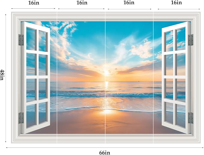 Large Murals 66"x48" Fake Window Wall Mural Ocean Beach Seascape Faux Window Wall Cling Art Picture Office Poster Coastal Decals Decor, Stick and Peel Landscape Natural Scenery Sunset Coastal Scene - Image 2