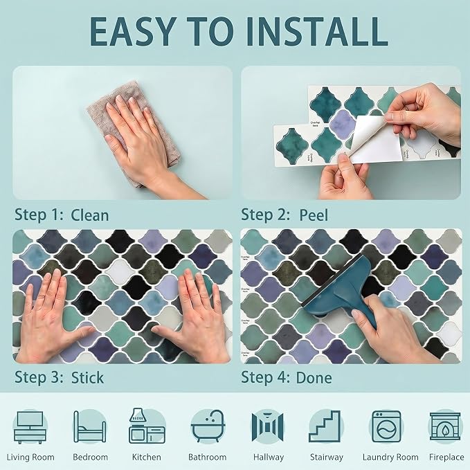Arttown Peel and Stick 3D Wall Backsplash 10-Sheet 12" × 12" Moroccan Teal | Subway Tile Self Adhesive Thicker Design Wall Tiles Panel Wallpaper for Kitchen Bathroom Balcony Rental Housing - Image 7