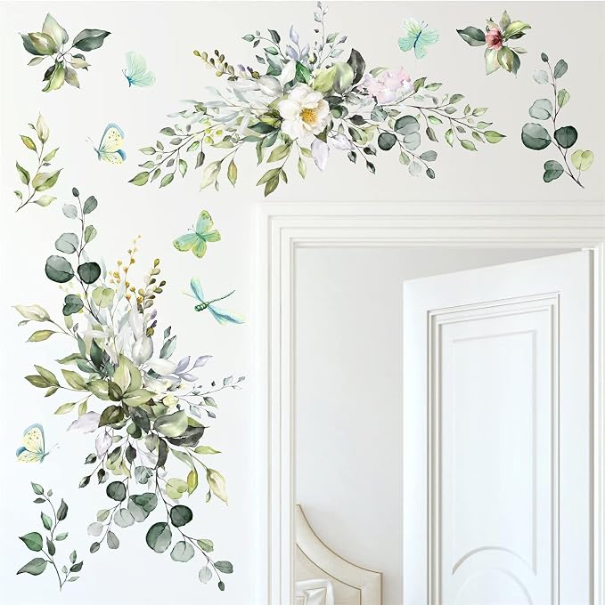 Green Leaves Wall Decals Hanging Vines Butterflies Art Mural Peel and Stick | Wall stickers, removable vinyl art mural, rustic plants, modern botanical, for living room bedroom bathroom nursery farmhouse - Image 2