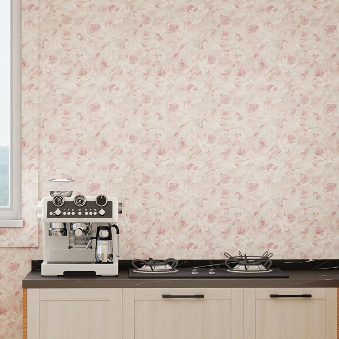 Hopepak Peel and Stick Wallpaper Floral Wallpaper Hand-Painted Pink Peony Flower Contact Paper Self Adhesive Removable Wall Paper Vinyl for Living Room Bedroom Bathroom Cabinets Wall Decor 17.3"×197" - Image 6