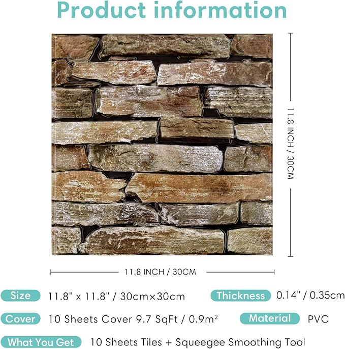 Commomy 3D Faux Stone Wall Panels Peel and Stick 10 Pcs 11.8" x 11.8" | Ultralight Thin PVC Fake Rock Wallpaper DIY Wall Covering Decorative Tiles for Kitchen Backsplash,Bedroom (Covers 9.7 sq.ft) - Image 6