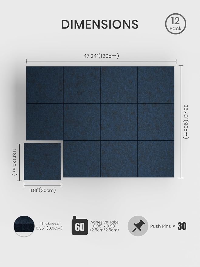 Bumusty 48"x 36" Large Felt Bulletin Board Tiles, Carbon Blue | 12-Pack Cork Board Alternative, Wall Decor, 30 Pushpins, 60 Adhesive Tabs, Vision Board, Office, Classroom, Home, Dorm - Image 2