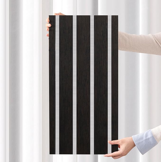 Haimin 3D Wall Panels Wood Grain Slat, 10Pcs 23.6"x11.6" Peel and Stick Self-Adhesive Textured Paneling, Easy DIY Light Luxury Decor for Bedroom Living Room Home (Black Oak with Silver) - Image 8