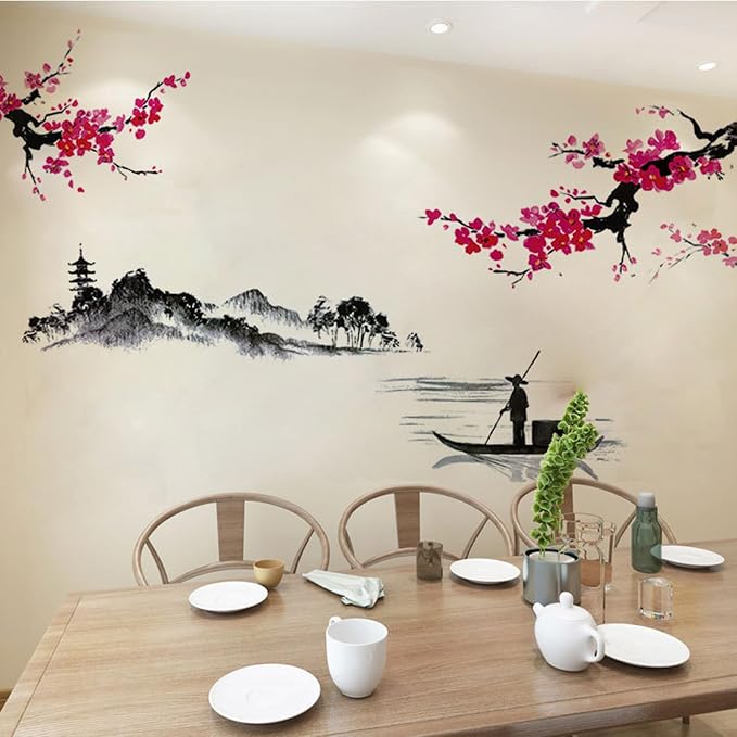 Japanese Wall Decor Stickers Wall Decals, Red Cherry Blossom | Splash Ink Landscape Painting, Mountain River Fisherman Mural, Removable Peel and Stick, For Bedroom Living Room TV Nursery - Image 5