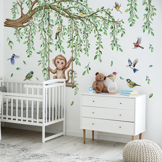 Large Tree Branch Wall Decal Green Leaf Vine Monkey DIY Home Decor Sticker - Image 7