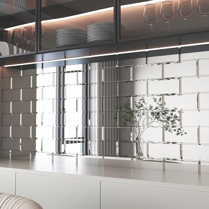 Peel and Stick Beveled Mirror Glass Subway Tile Silver 3 x 6 Inch for Kitchen Backsplash Bathroom Wall （40 Pcs） by Adedeo