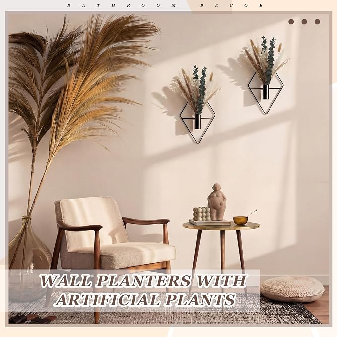 Jexine 4 Pcs Hanging Artificial Planters Wall Decor, Matte Black, Pampas | Bathroom Wall Decor, Geometric Metal Vase, Indoor Plants, Living Room, Home Office, Entryway, Boho Accent, Wall Mounted - Image 4