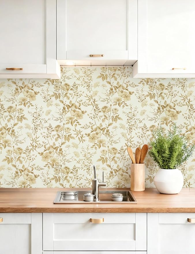 Erfoni Boho Floral Peel and Stick Wallpaper Floral Leaf Contact Paper | 16.9" x197" Yellow Brown Flower Self Adhesive Wallpaper DIY Removable Decoration Wallpaper for Accent Walls Covering - Image 2