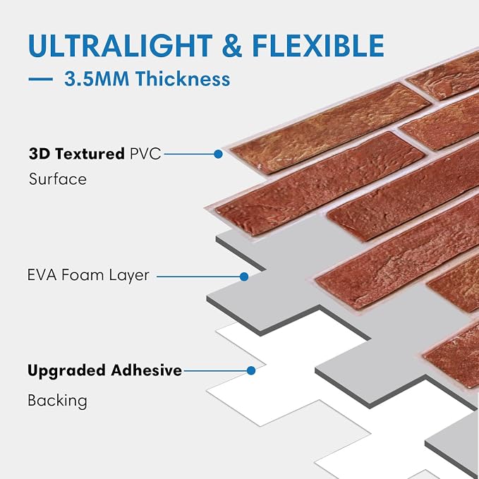 COMSTICKC 3D Faux Brick Wall Panels Peel and Stick Decorative Tiles Sticker | Red, 12 Pcs 22.8" x 11.8", Not Real Brick, Ultra-Light Thin PVC Fake Brick Backsplsh for DIY Wall Makeover, Cover 22.48 sq ft - Image 4