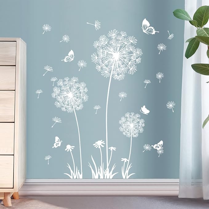 Dandelion Wall Decals Removable Flower Wall Stickers Peel and Stick Floral Butterfly Murals Dandelion Party Decoration for Bedroom Living Room Sofa Backdrop TV Dandelion Wall Decor (White) - Image 5
