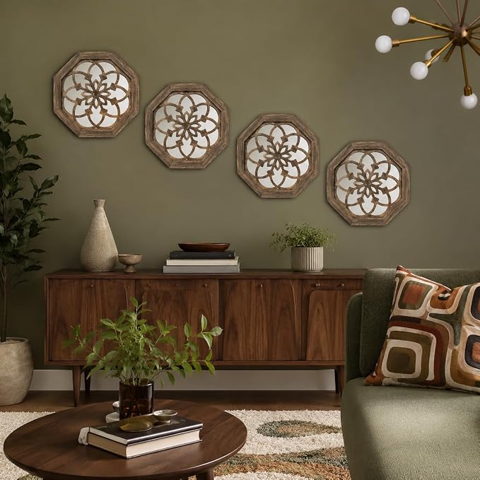 4 Pack 12 Inch Octagon Maroon Rustic Wood Frame Acrylic Wall Mirrors, Farmhouse Boho Wall Art Decor for Living Room, Bedroom, Hallway, Entryway, Bathroom & Office - Image 4